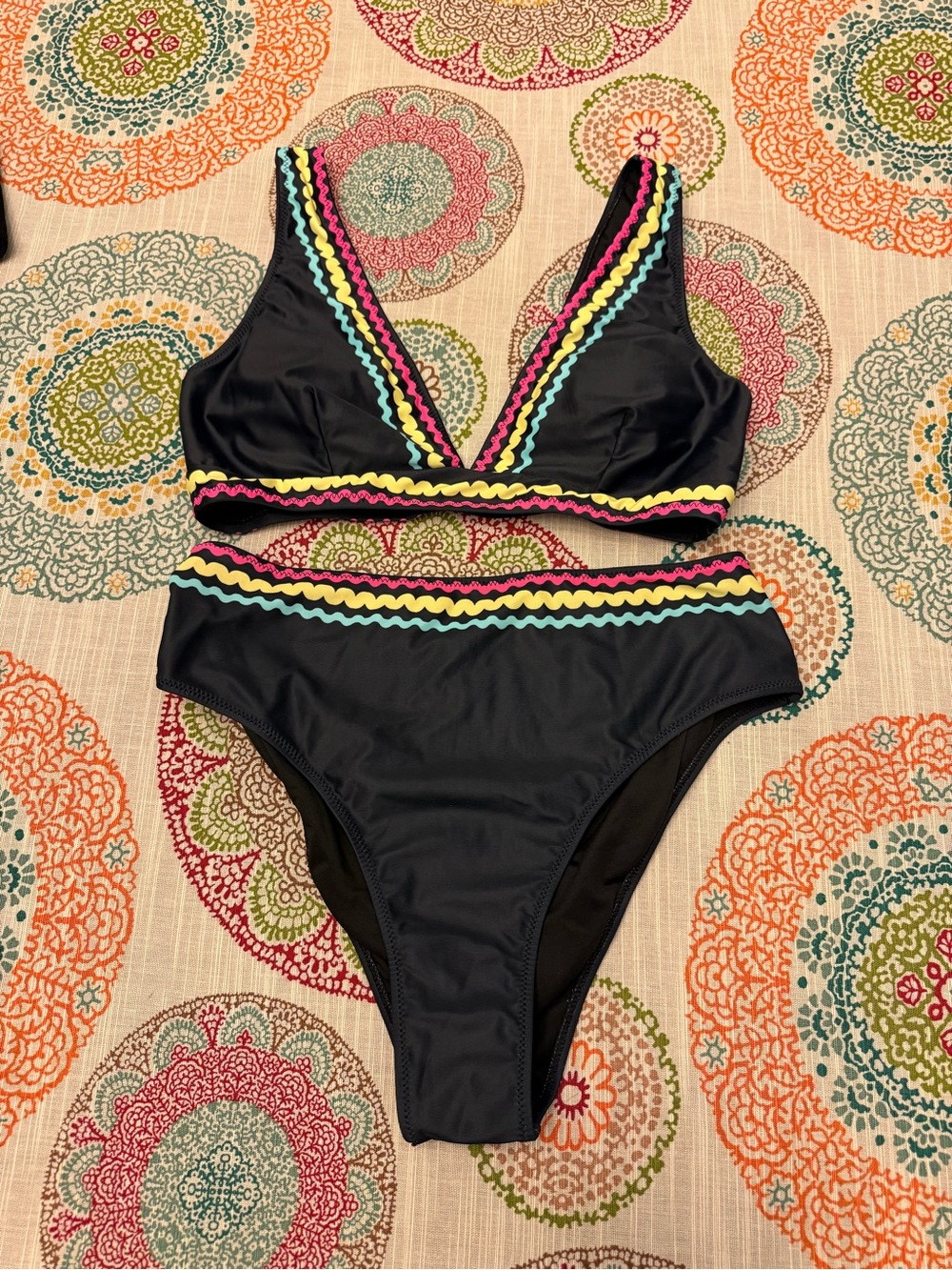 GORGEOUS Black Two-Piece Bikini with Colorful Rickrack Trim